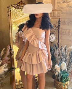 Elegant korta rosa taffeta aftonklänningar a-line en axel ovanför knä prom klänningar mantel de soiree för kvinnor