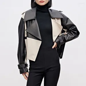 Women's Leather 2023 Spring Style Jacket Black White Plaid Sheepskin Coat For Women Fashion Turn Down Collar TF5465