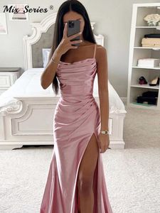 Abiti casual Solid Satin Backless Side Split Maxi Dress Women 2023 Summer Sexy Slim Off spalla increspato aderente da sera per feste femminili