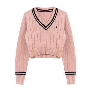 Suéter feminino coreano moda suéter outono com decote em v y2k desenho animado bordado malha top inverno macio básico manga comprida renda 231121
