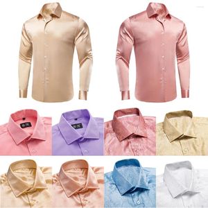 Camisas casuais masculinas Hi-Tie Silk Mens Moda Marrom Manga Longa Sólida Collar Slim Fit Camisa Para Masculino Festa de Negócios de Alta Qualidade