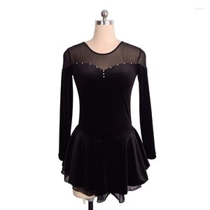 Scene Wear Black Rhinestone Women's Girls Ice Skating Dress Figur Velvet Double Layer Mesh kjol för prestanda