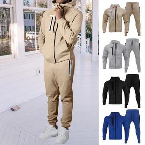 Men's Tracksuits 2Pcs/Set Sportswear Spring Fall Coat Pants Set Drawstring Hooded Elastic Waist Unisex Long Sleeve Pockets Couple Tracksuit