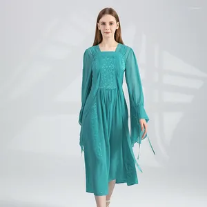 Vestidos Casuais Seda 22 Momme Céu Azul Jacquard Quadrado Pescoço Mulheres Flare Manga Longa Contraste Georgette Patch Senhoras Vestido AY262