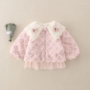 Casaco para baixo estilo princesa bebê meninas jaqueta acolchoada inverno lapela renda borda crianças pelúcia com laço rosa fofo grosso roupas infantis