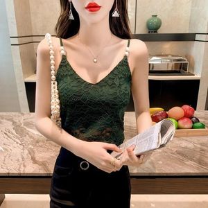 Kadın Tankları Fransız Dantelli Kadınlar İnci Strap Crop Teps Moda Mesh Yuvası Yukarı Bralet Korse Budier Sütyen Seksi V yaka Camisole Tank Top 2023