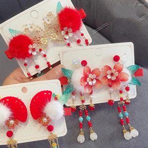 Hair Accessories 1 Pair Girls Hairpins Chinese Year Long Tassel Flower Beads Bow Decor Decoration Clips