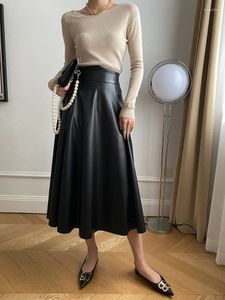 Saias femininas saia de couro preto elegante cintura alta sólida moda temperamento sentido avançado outono/inverno midi