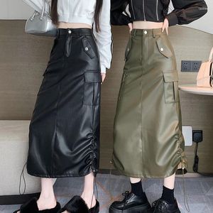 Skirts American Retro PU Leather Skirt Women Fall High Waist Big Pocket Cargo Femle Korean Fashion Slit Drawsting Long Faldas