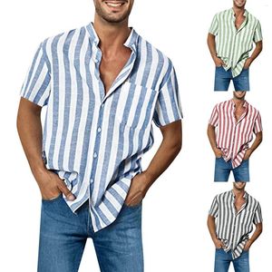 Herren-T-Shirts, Baumwolle, Spandex, Oberteile, Herren, modisch, lässig, gestreift, Schnallenkragen, Tasche, kurzärmelig, lockere Hemdbluse, lange Knopfleiste