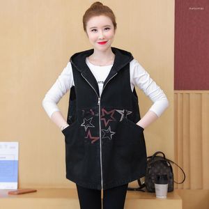 Women's Vests #3128 Black Sleeveless Jacket Women With Hooded Stars Printed Waistcoat Denim Vest Loose Long Coat Zipper Spring 2023