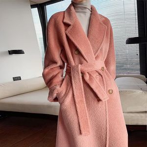 Cappotto da donna in misto lana di fascia alta 100 alpaca Cappotto da donna in cammello di media lunghezza Donna invernale spessa bianca con lacci Colletto doppiopetto caldo 231120