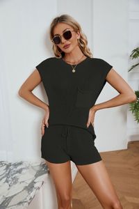 Mulheres conjunto de duas peças da primavera Moda de moda de moda casual Casual Round Round Pesh Camisa de malha solta Plus Tamanho Sólido sem mangas com calças shorts