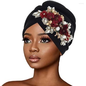 Ropa étnica Mujeres Flower Head Wrap African Headtie Nigeria Boda para bodas Capa de fiesta plisada Turbante Musulmán negro Hijab Bonnet