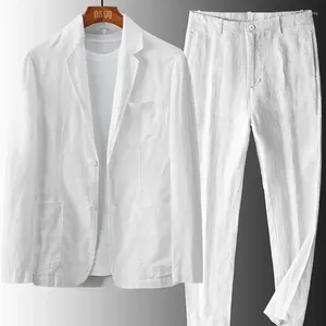 Herrenanzüge aus Baumwolle und Leinen, zweiteiliger Anzug für Männer, exquisiter Stil, Jacke mit Taschen, Schwarz, Weiß, informell, formell