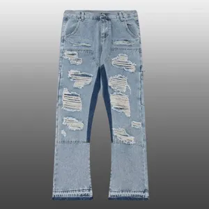 Men's Jeans 2023 Splash Ink Men Women Flared Blue Patchwork Punk Hip Hop Pants Streetwear Destroyed Ripped