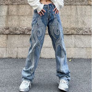Women's Jeans Vintage Flame Embroidered High Rise Washed Old Loose Fit Y2K Casual Pants Jean 231120