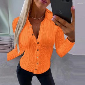 Women's Blouses Elegant Lapel Collar Solid Wave Cut Shirts Women Casual Long Sleeve Tops Blusa Clothing Spring Autumn Buttoned Sexy Blouse