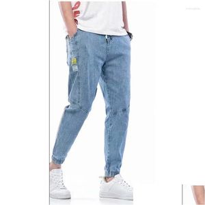 Mäns jeans herrar jeans est varor baggy dstring midja män streetwear elastisk manschett kpop kläder casual wide ben harajuku grå blå droppe ottam