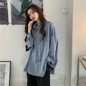 Kvinnors blusar Spring Autumn 2023 Retro Blue Long Sleeve Shirt For Women Tops Blus Korean Style Top Shirts Elegant Chic Woman