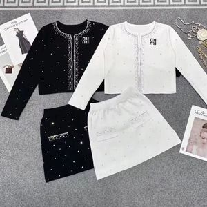 Women's o-neck knitted rhinestone logo embroidery sweater cardigan and a-line short skirt set 2 pc dress suit SML