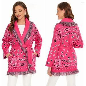 Kvinnors stickor boho inspirerade kashmir cardigan kvinnor höst vinter rosa tröja tofs lapel krage bälte långärmad överrock