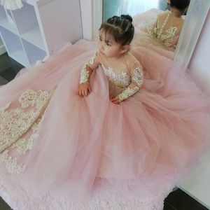 Adorabili abiti da ragazza di fiore di tulle per matrimoni Appliques in pizzo in pizzo gioiello rosa chiaro ragazze abiti da concorso per bambini abiti di comunione