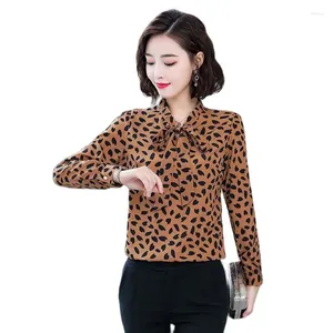 Kadınlar bluz leopar baskı yay moda şifon gömleği uzun kollu 2023 bahar bayanlar Koreli İnce mizaç bluzu