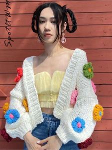 Kvinnor Sweet Haruku Flower Cardigan Söt långärmad Crop Knit Y K tröja toppar Autumn Winter Casual Streetwear