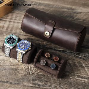 Watch Boxes CONTACT'S FAMILY Men Leather Case For Ring Cufflink Outdoor Travel Storage Pouch Organizer Jewelry Box Holder