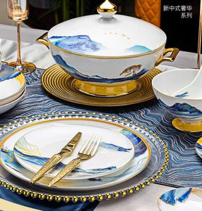 Stoviglie per regali di fascia alta Stoviglie in ceramica su misura Jingdezhen piatti di colore smaltato di porcellana bone china di fascia alta set paesaggio pasto di lusso