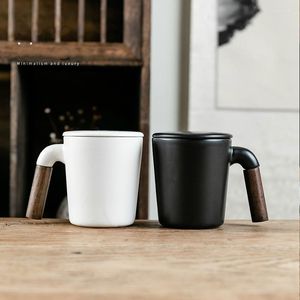 Mugs Ceramic Retro Coffee Cups 400ml Brief Office Water Cup Filter Tea With Cover Wooden Handle Birthday Gift Box
