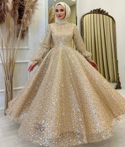 Champagne Sequin Muslim Evening Dress High Neck Long Puffy Sleeves Islamic Arabic Dubai Women Prom Formal Party Gowns Robe De Soiree