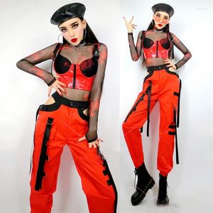 Scene Wear Nightclub Bar Gogo Dancer Outfit Red Leather Vest Pants Mesh Bodysuit Sexig DJ Costume Women Party Rave Dance Clothes DNV15926