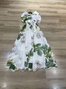 Verão rosas impressão maxi vestido designer fora do ombro vestidos sem mangas das mulheres 11290