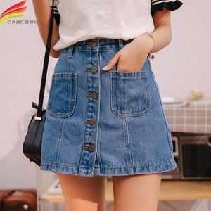 Skirts Denim High Waist Aline Mini Women Summer Arrivals Single Button Pockets Blue Jean Style Saia Jeans 230420