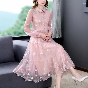 Casual Dresses 2023 Pink Floral Embroidery Mesh Midi Dress Autumn Boho Fashion Light Polo Shirt Women Korean Elegant Bodycon Vestidos