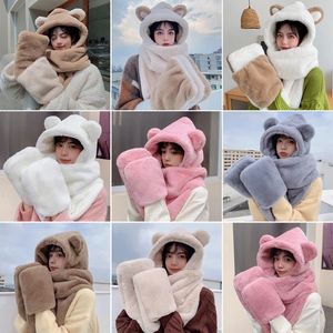 Hats Scarves Sets Thickened Bear Scarf Hat Glove Sets Women Cute Japanese Kawaii Winter Plush All-in-one Hooded Warm Gloves 231121