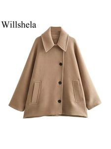 Women' Blends Willshela Women Fashion With Pockets Khaki Single Breasted Coats Vintage Lapel Neck Long Sleeves Female Chic Lady Outfits 231120