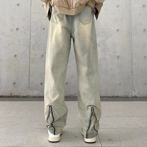 Men's Jeans Four Season Fashion Trousers Women High Street Zipper Denim Straight Loose Old Long Pants Yellow Mud Blue