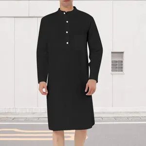 Men's Casual Shirts Men Robe Lightweight Shirt Stylish Knee Length Stand Collar Long Sleeve Patch Pocket For Spring Fall