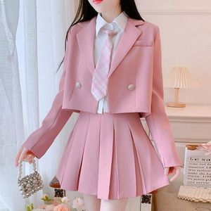 Two Piece Dress Preppy Style 3 Sets Women Outfit Long Sleeve Jacket Coat Cropped Blazers&Short Shirt Top Pleated Skirt Mini Suits Fashion