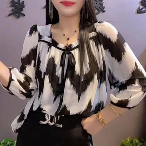 Women's Blouses Elegant Square Collar Drawstring Bow Shirt Stylish Printed Loose Clothing Spring Summer 3/4 Sleeve Spliced Folds Blouse