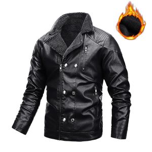 Pele masculina faux 2023 outono inverno motociclista jaqueta de couro de pelúcia forro de algodão quente à prova de vento bonito duplo breasted multi bolso casaco 5xl 231121