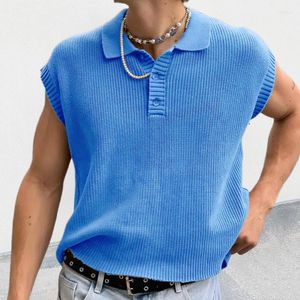 Camisolas masculinos de tricô chique de suéter masculino Jumpers de verão com moda sem mangas de lapela.