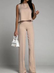 Women's Jumpsuits & Rompers Casual O-neck Sleeveless Blouse Straight Pants Outfit Office Lady Solid Two Piece Suit Summer Women Sexy B