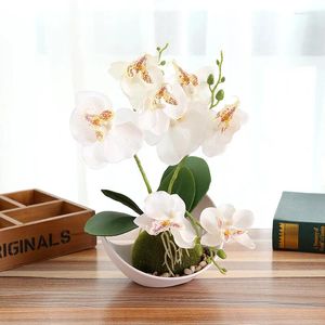 Flores decorativas simulação flor de três pontas borboleta orquídea grande bonsai decoração interior ornamentos planta em vaso de seda