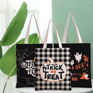 Stume di stoccaggio Halloween Women Canvas Tote Bag Girl REUSABLE Shopper Plaid Piegabile Pumpkin Pumpkin Student Book Borse