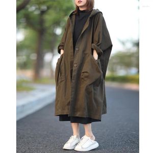 Casacos de trincheira femininos outono e inverno moda tamanho grande casaco de comprimento médio literário retro cor sólida solto com capuz cardigan jaqueta