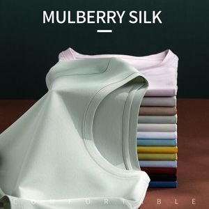 Koszulka damska miękka Mulberry jedwabna bawełniana T-shirty damskie luźne okrągły szyję Kobieta Kobieta T-shirty Solid Kolor Letnie topy Wysokiej jakości 230422